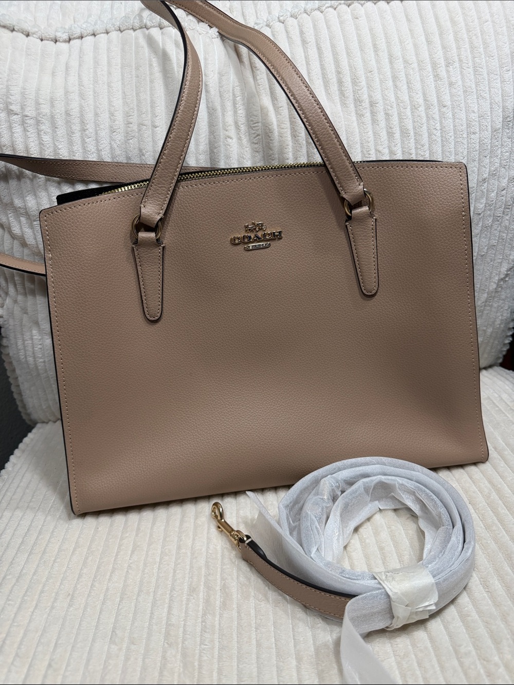 Coach Tatum Pebbled Leather Tote in Taupe Beige with Gold Hardware. Gently Loved